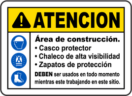 Spanish Caution Construction Area PPE Sign
