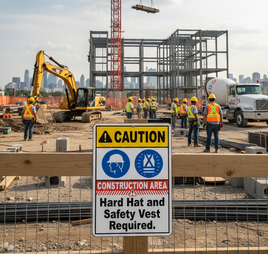 Caution Hard Hat and Safety Vest Required Sign