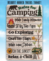 Rules for Camping - Metal Sign