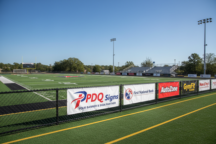 Several Horizontal vinyl banners high school football field image  showing support PDQ Signs logo as one of the supporters 