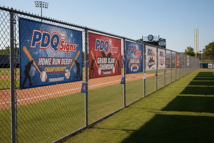 Several Pdq signs logo with baseball tournament images  hanging on ballfield 