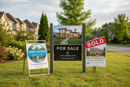 Several Real estate signs with background images 