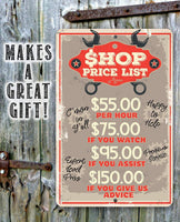Shop Price List - Metal Sign