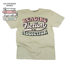 Reading Fiction is My Addiction on Front w/ Books on Back - Comfort Colors Tee