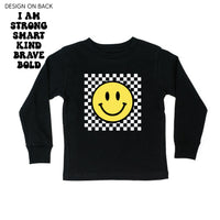 Big Yellow Checker Smiley - I am Strong Smart Kind Brave Bold (f & b) - Child Long Sleeve Tee