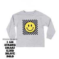 Big Yellow Checker Smiley - I am Strong Smart Kind Brave Bold (f & b) - Child Long Sleeve Tee