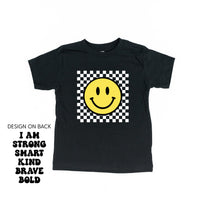 Big Yellow Checker Smiley - I am Strong Smart Kind Brave Bold (f & b) - Child Tee