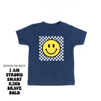 Big Yellow Checker Smiley - I am Strong Smart Kind Brave Bold (f & b) - Child Tee
