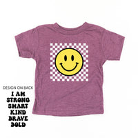 Big Yellow Checker Smiley - I am Strong Smart Kind Brave Bold (f & b) - Child Tee
