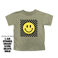 Big Yellow Checker Smiley - I am Strong Smart Kind Brave Bold (f & b) - Child Tee