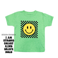 Big Yellow Checker Smiley - I am Strong Smart Kind Brave Bold (f & b) - Child Tee