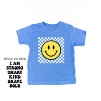 Big Yellow Checker Smiley - I am Strong Smart Kind Brave Bold (f & b) - Child Tee