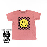 Big Yellow Checker Smiley - I am Strong Smart Kind Brave Bold (f & b) - Child Tee