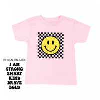 Big Yellow Checker Smiley - I am Strong Smart Kind Brave Bold (f & b) - Child Tee