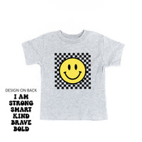 Big Yellow Checker Smiley - I am Strong Smart Kind Brave Bold (f & b) - Child Tee