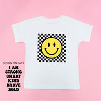 Big Yellow Checker Smiley - I am Strong Smart Kind Brave Bold (f & b) - Child Tee