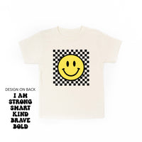 Big Yellow Checker Smiley - I am Strong Smart Kind Brave Bold (f & b) - Child Tee