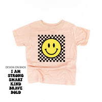 Big Yellow Checker Smiley - I am Strong Smart Kind Brave Bold (f & b) - Child Tee