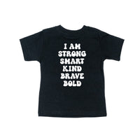 Big Yellow Checker Smiley - I am Strong Smart Kind Brave Bold (f & b) - Child Tee