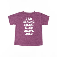 Big Yellow Checker Smiley - I am Strong Smart Kind Brave Bold (f & b) - Child Tee