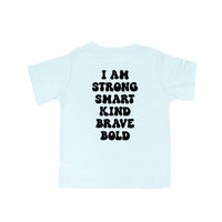 Big Yellow Checker Smiley - I am Strong Smart Kind Brave Bold (f & b) - Child Tee