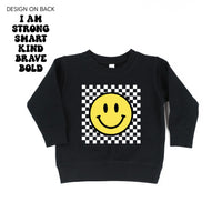 Big Yellow Checker Smiley - I am Strong Smart Kind Brave Bold (f & b) - Child Sweater