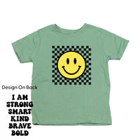 Big Yellow Checker Smiley - I am Strong Smart Kind Brave Bold (f & b) - Child Tee