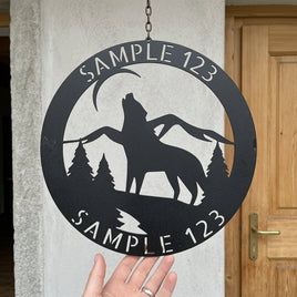 Custom Metal Wall Art - Personalized Howling Wolf Monogram Sign